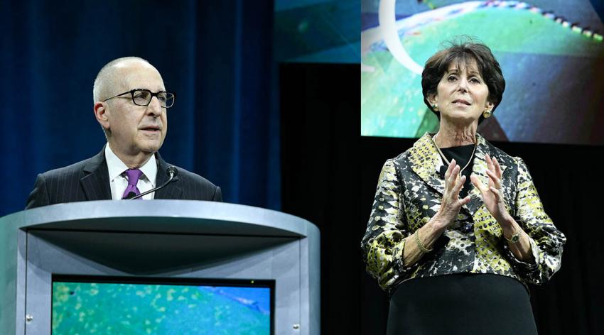 AAMC President and CEO David J. Skorton, MD, and AAMC Board of Directors Chair Lilly Marks give their remarks during the Leadership Plenary on Sunday, November 10, at Learn Serve Lead 2019: The AAMC Annual Meeting. 