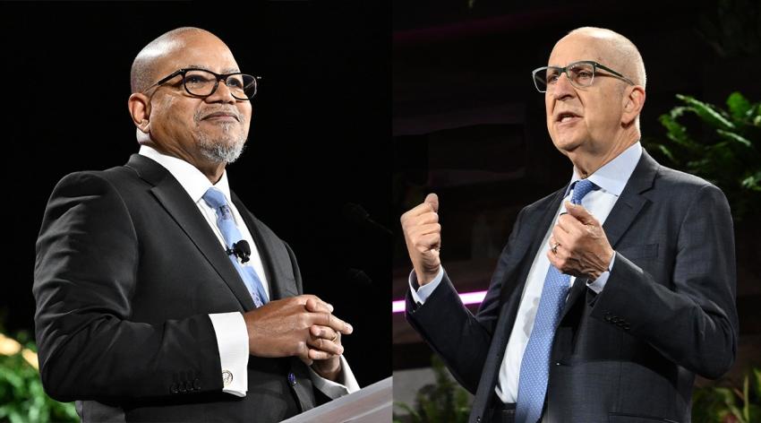 AAMC Board Chair Kirk Calhoun, MD, and AAMC President and CEO David J. Skorton, MD, discuss challenges to academic medicine during the Leadership Plenary Nov. 13 at Learn Serve Lead 2022.
