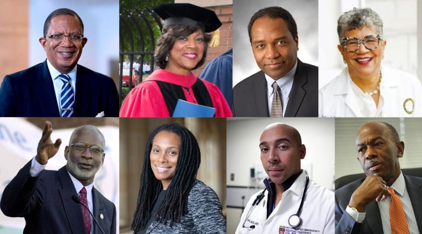 Eight prominent Black leaders in medicine. Top row (left to right): Selwyn Vickers, Valerie Rice, Griffin Rodgers, and Deborah Prothrow-Stith. Bottom row (left to right): David Satcher, Marcella Nunez-Smith, Alister Martin, and James Hildreth Sr.