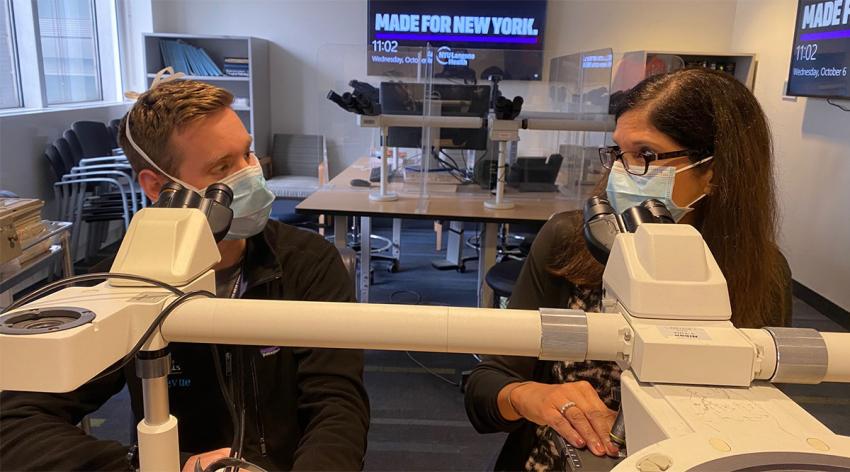 Joan Cangiarella, MD, director of the NYU Grossman School of Medicine’s accelerated three-year MD pathway, and John Colavito, MD, a program graduate and NYU resident, examine pathology slides.