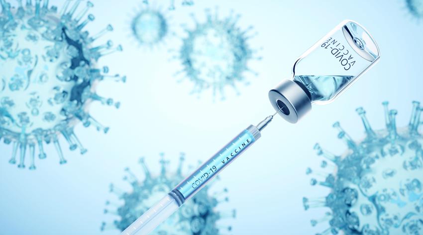 Digital generated image of syringe filling of COVID-19 vaccine from bottle against viruses on blue background.