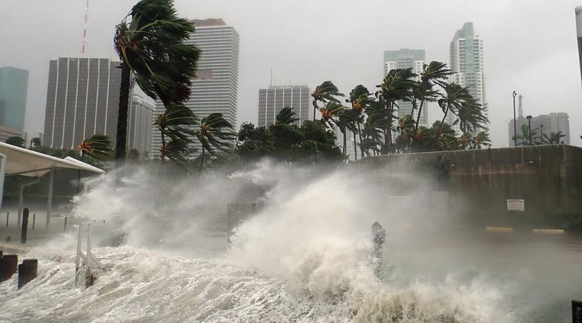 Hurricane Irma seen striking Miami, Florida with 100+ mph winds and destructive storm surge.