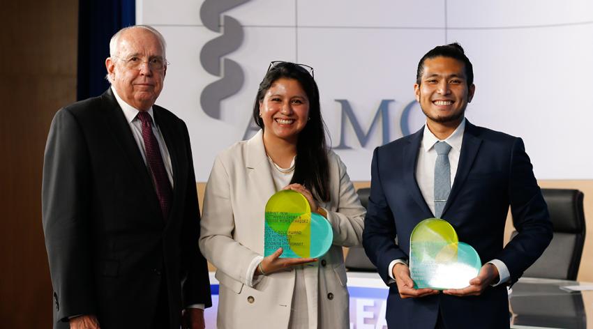 Darrell Kirch, MD, former AAMC president, poses with Denisse Rojas Marquez, MD, MPP, and Jirayut “New” Latthivongskorn, MD, MPH, winners of the Vilcek-Gold Award for Humanism in Healthcare at Learn Serve Lead 2021: The Virtual Experience, on Nov. 9.