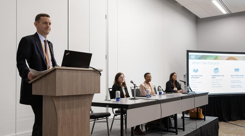 William Mallon, EdD, moderates a talk on decarbonizing academic medicine, with panelists Stella Protopapas, Deborah Deas, MD, MPH, and Smitha Warrier, MD, at Learn Serve Lead on Sunday, Nov. 5.