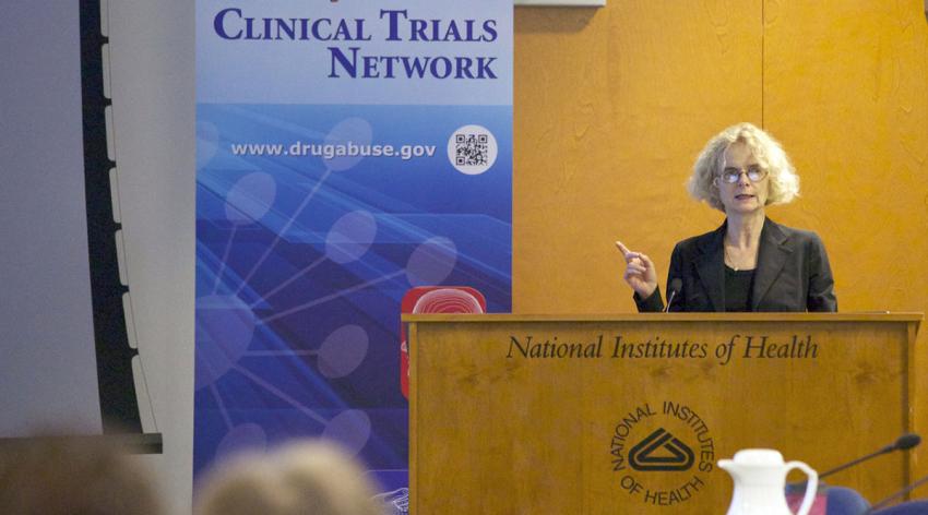 National Institute on Drug Abuse Director Nora Volkow, MD, presenting her annual report to a meeting of principal investigators in the Clinical Trials Network in Rockville, Maryland.