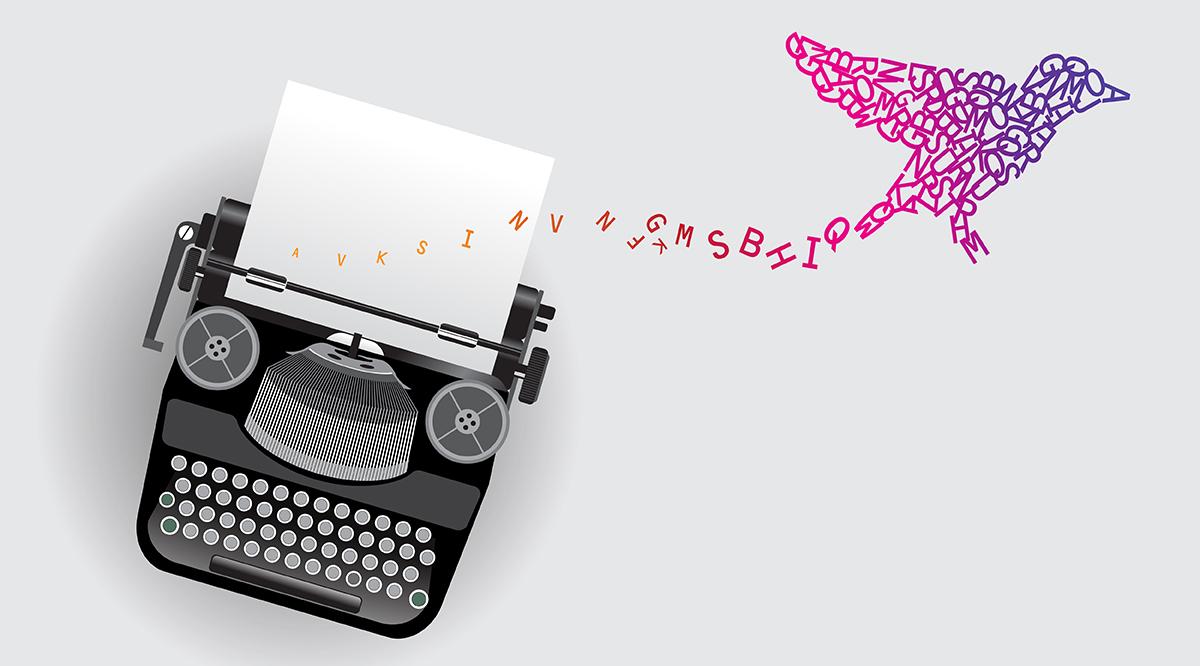 a typewriter and a colorful bird
