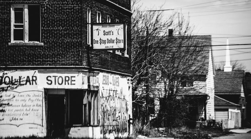 Abandoned corner shop just near the famous Packard plant in Detroit, Michigan, USA