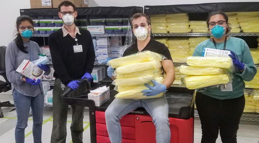 Students distribute personal protective equipment at a Mount Sinai hospital in New York City, where volunteers tackle such tasks 24/7 through an Icahn School of Medicine effort