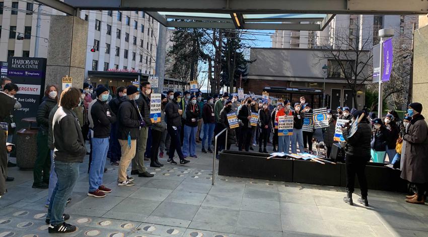 The Resident and Fellow Physician Union-Northwest stages a 15-minute walkout at Seattle’s Harborview Medical Center in February during contract negotiations.
