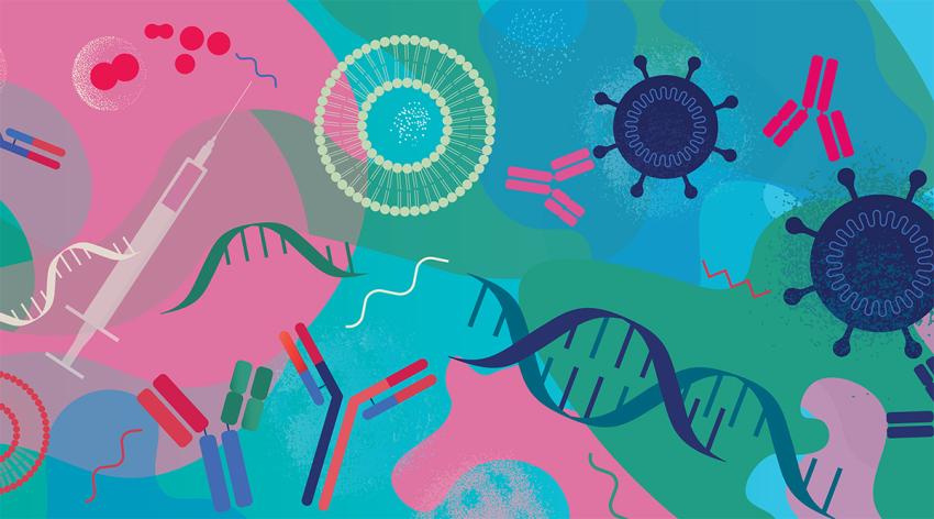 Abstract vector background with hand drawn grain effects depicting biotechnology and developing mRNA vaccines concept.