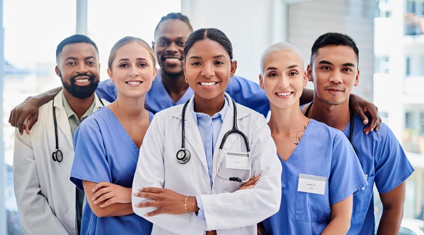 A diverse group of medical professionals in a hospital
