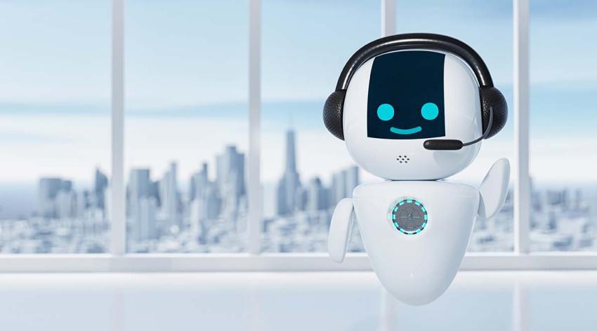 A rendering of a robot inside an office room wearing a headset. A city is in the background outside the office's window.