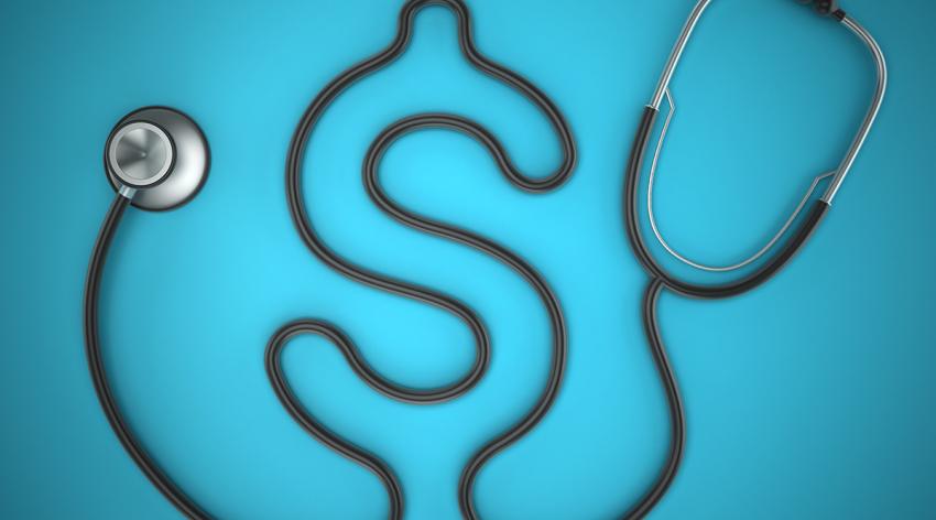 Stethoscope with dollar shaped cord standing on turquoise background