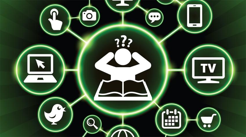 The main icon is placed inside a glowing green circle in the center of this 100% royalty free vector illustration. It is connected to a network of sixteen additional circles with technology and computer internet communication icons on them. The background of the illustration is black with glowing green gradient.