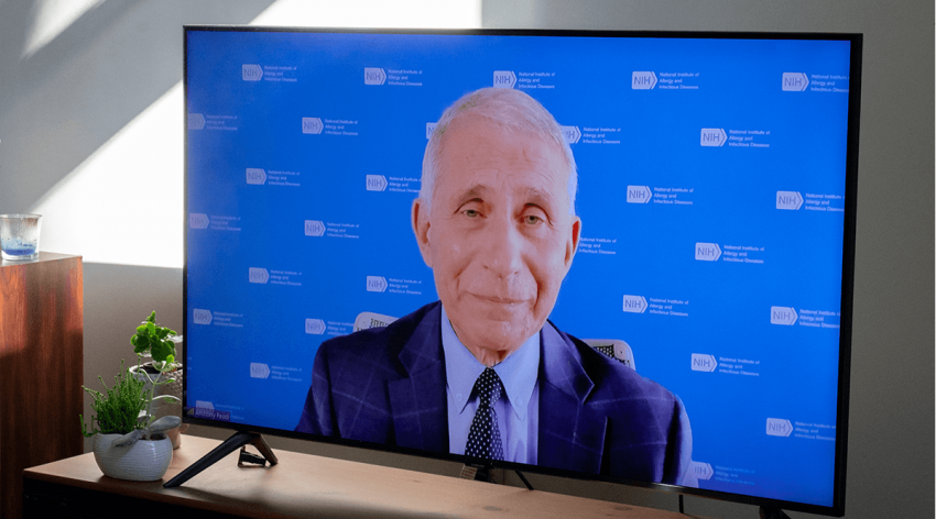 Dr. Anthony Fauci speaks on a computer screen during Learn Serve Lead 2020.