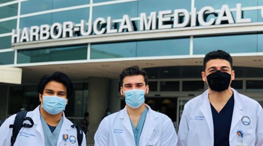 Russyan Mark Mabeza, a student getting his MD-MPH at the David Geffen School of Medicine at University of California Los Angeles, poses for a photo with some fellow medical students.