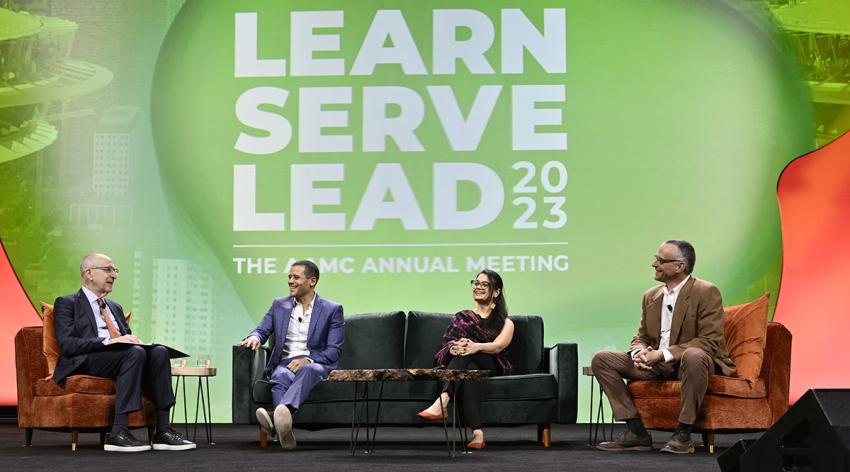 AAMC President and CEO David J. Skorton discusses free speech with Jacob Mchangama, Amna Kahlid, DPhil, and Michael S. Roth, PhD, during the opening plenary of Learn Serve Lead 2023 on Nov. 4.